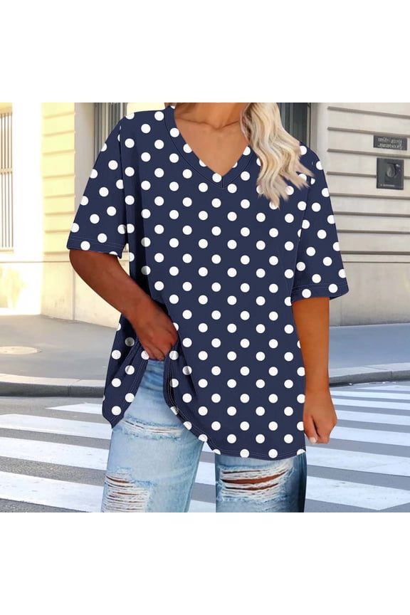 Plus Size Tops for Women Short Sleeve Shirts V Neck Boho Polka Dot Dressy Casual Fashion Tunic Top Blue 2XL