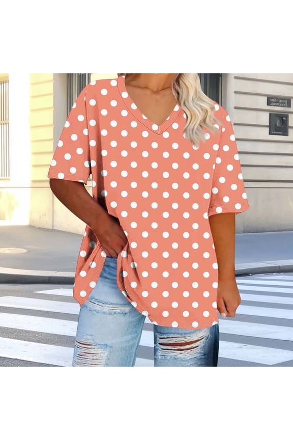 Plus Size Tops for Women Short Sleeve Shirts V Neck Boho Polka Dot Dressy Casual Fashion Tunic Top Orange XL