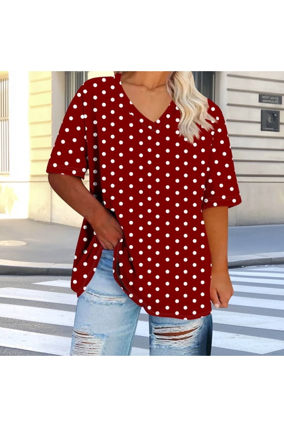 Plus Size Tops for Women Short Sleeve Shirts V Neck Boho Polka Dot Dressy Casual Fashion Tunic Top Red 2XL