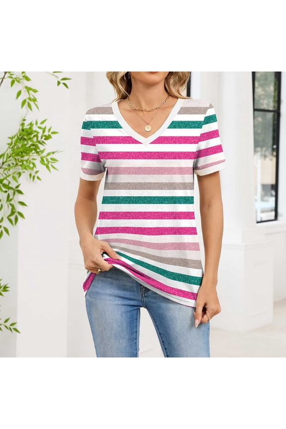 Plus Size V Neck Tops for Women Casual Striped Floral Print Blouses Short Sleeve Boho T Shirt Pink 2XL