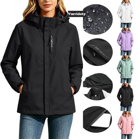 Vmvidoty Plus Size Waterproof Windproof Jackets Womens Full-zip Outdoors Hiking Hooded Windbreaker Coat with Pockets Black S
