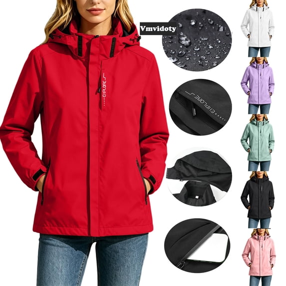 Vmvidoty Plus Size Waterproof Windproof Jackets Womens Full-zip Outdoors Hiking Hooded Windbreaker Coat with Pockets Red XS