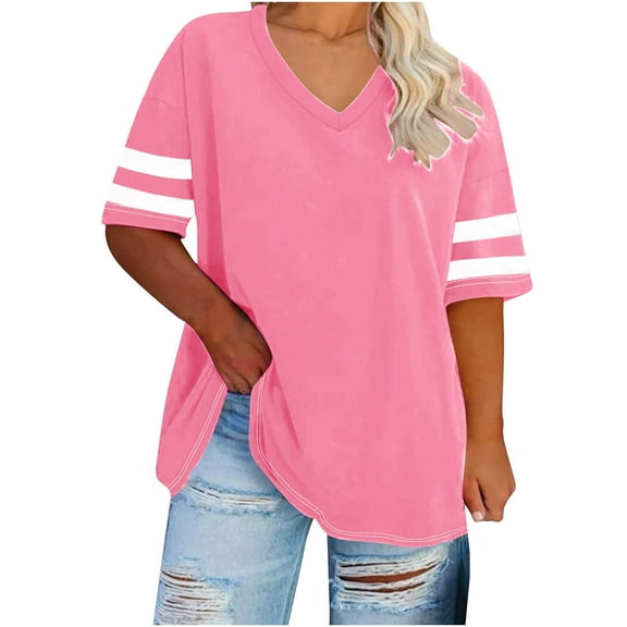 Vmvidoty Plus Size Womens Clothing Oversized-neck Short Sleeved Solid Summer Base Shirt Sports T-shirt Pink XL