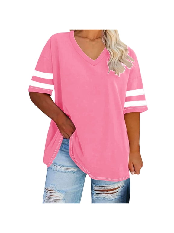 Plus Size Womens Clothing Oversized-neck Short Sleeved Solid Summer Base Shirt Sports T-shirt Pink XL