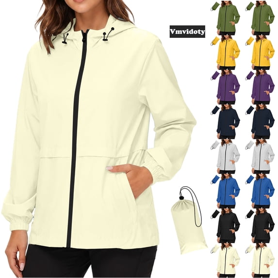 Vmvidoty Rain Jackets for Women, Waterproof Raincoat with Pockets & Hoods, Lightweight Windbreaker Windproof Hooded Jacket for Outdoor Hiking Travel Vacation Khaki M