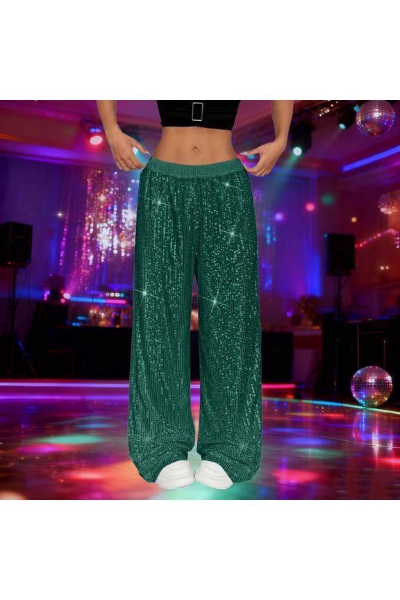 Shiny Sequin Stretch Pants Women Sparkly High Waist Elastic Plus Size Wide Leg Pants Army Green S
