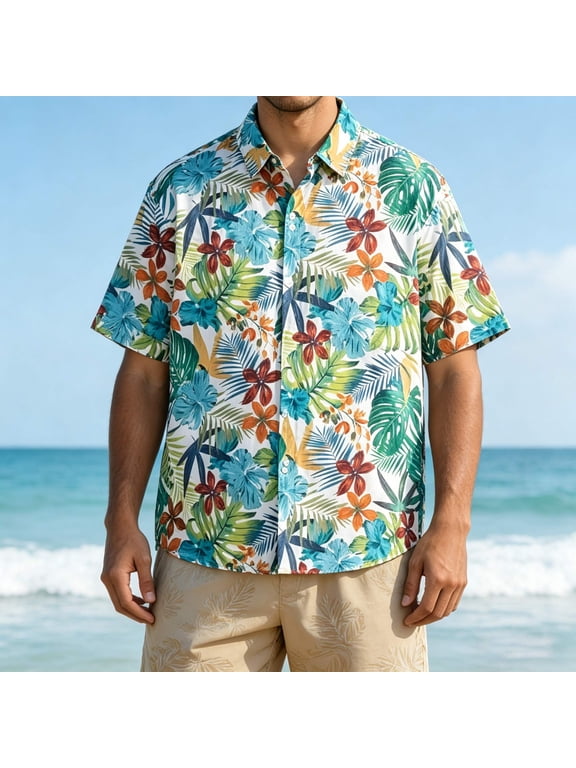 Shirt for Men Short Sleeves Printed Casual Button Down Summer Beach Floral Shirts A XL
