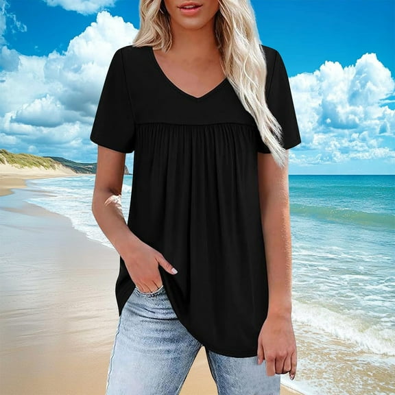 Vmvidoty Short Sleeve Tops for Women V-Neck Shirts Beach Vacation Casual Summer Loose Fit Tops 2026 Black L