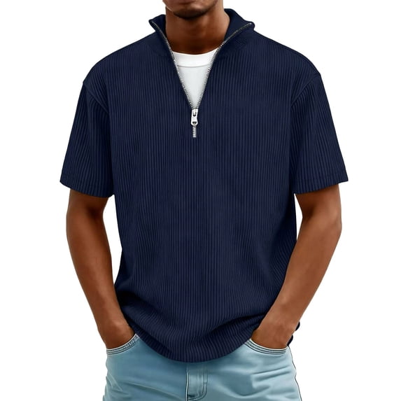 Vmvidoty Summer Mens Cotton T-shirt Quarter Zip Short Sleeve Crew Neck Stand up Shirts for Men Casual Tops Navy L