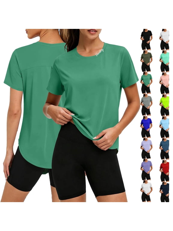 Summer Tops for Women - Workout Sport Athletic Yoga Running Gym Loose Short Sleeve Shirts Light Green L