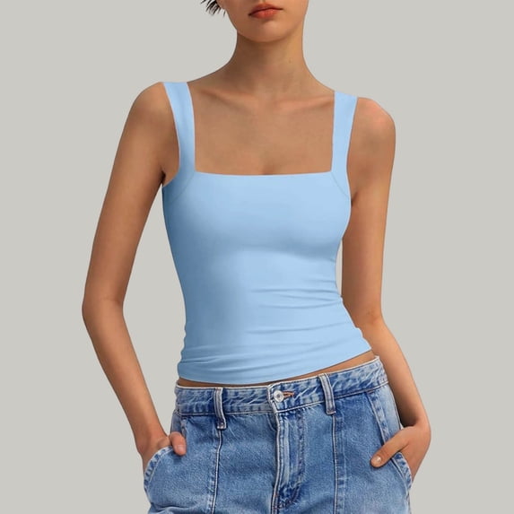 Vmvidoty Summer Women Tank Top Square Neck Sleeveless Basic Tight T Shirts Light Blue XL