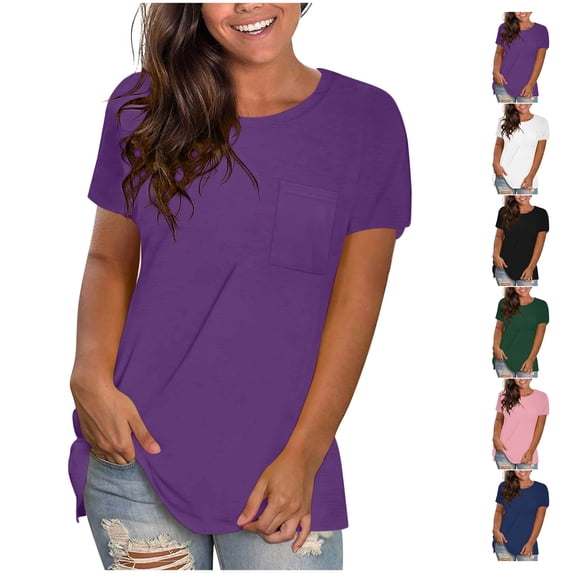 Vmvidoty Summer Womens Plus Size Tops Dressy Casual Short Sleeve Shirts Crew Neck Tunic Blouses Purple XXL (Women's Plus)