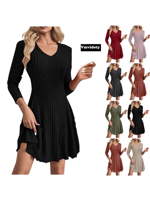 Sweater Dress for Women 2026 Fall Long Sleeve V Neckline A Line Fit and Flare Ribbed Knit Short Dresses Black M