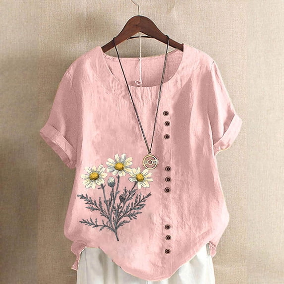 Vmvidoty T-Shirts for Women Trendy Floral Print Women's Shirts and Blouses Short Sleeve Female Tops Dressy Casual Summer Linen Cotton Comfy Round Neck Plus Tunics Beach Pink XXXXL