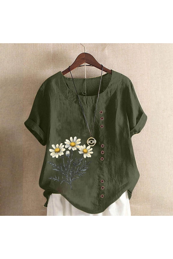 T-Shirts for Women Trendy Floral Print Women's Shirts and Blouses Short Sleeve Female Tops Dressy Casual Summer Linen Cotton Comfy Round Neck Plus Tunics Beach Army Green XXXXXL