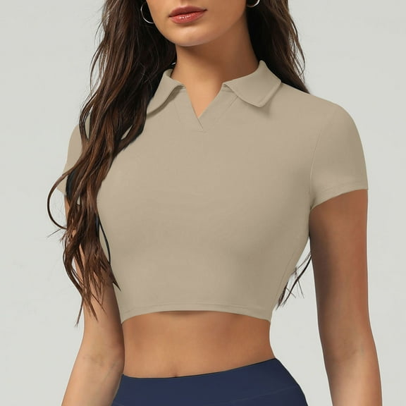 Vmvidoty T Shirts for Women V Neck Summer Tops Short Sleeve Going Out Tops Slim Fit Workout Outfits Tight Tee Beige M