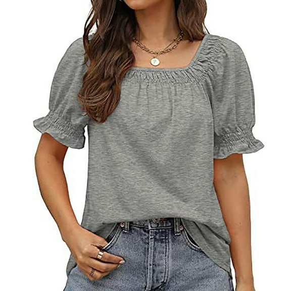 Vmvidoty Tops for Women Summer Casual Ruffle Trim Sleeve Square Neck T Shirts Gray L