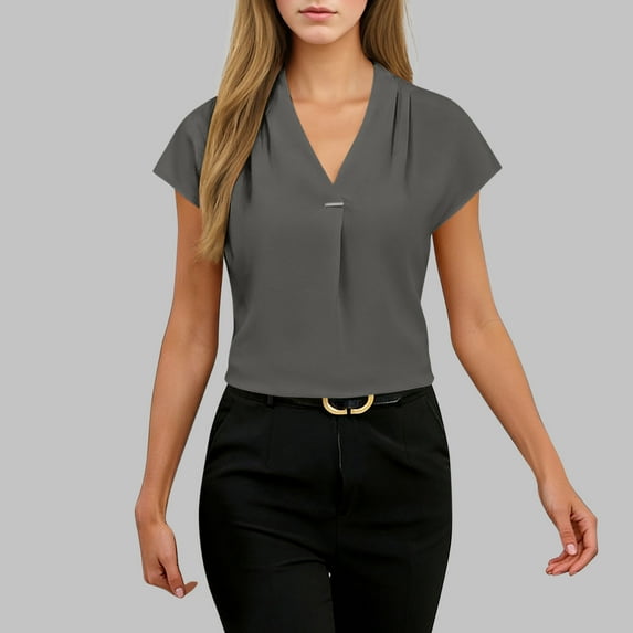 Vmvidoty V Neck Shirts for women Summer Short Sleeve Blouses Ladies Casual Flowy Chiffon Tops Gray M