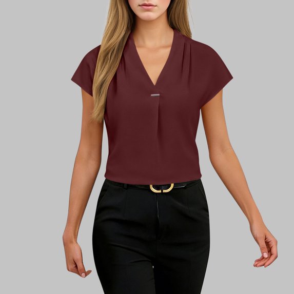 Vmvidoty V Neck Shirts for women Summer Short Sleeve Blouses Ladies Casual Flowy Chiffon Tops Wine M