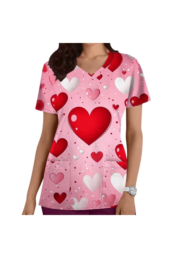V Neck Short Sleeve Valentine Scrub Top Heart Print Nurse Uniform Spring Winter Womens Work Clothes with Pocket Red XXL