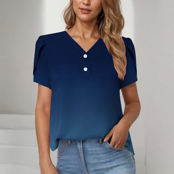 Vmvidoty V Neck T Shirts for Women Spring Summer Tops Teacher Work Business Dressy Casual Blouses Basic Tees Boho Fashion Dark Blue XL