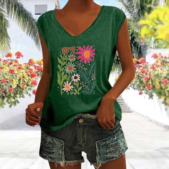 Vmvidoty V Neck Tank Tops for Women Dressy Casual Sleeveless Blouses Floral Summer Tops Green L
