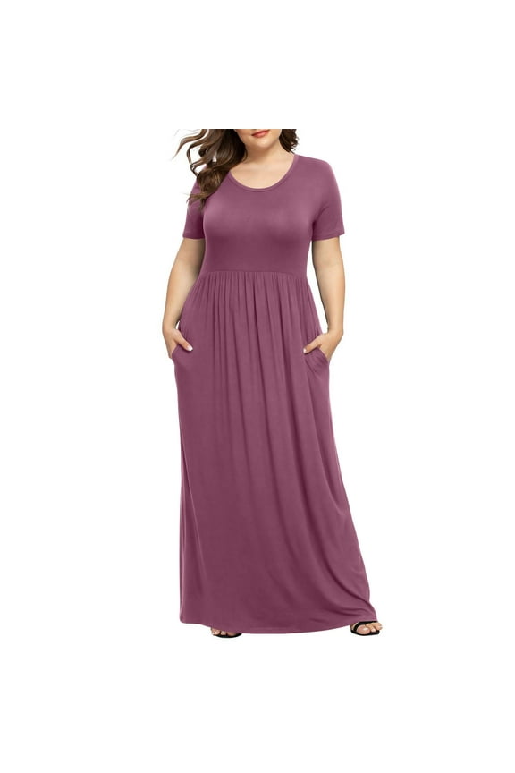 Vmvidoty Vestidos Elegantes De Mujer Para Fiesta,Plus Size Solid Color Dresses,Wedding Guest Dress,Short Sleeve Round Neck Pleated Pocket And Ankle Dress (Size XL-5XL) Hot Pink 4XL