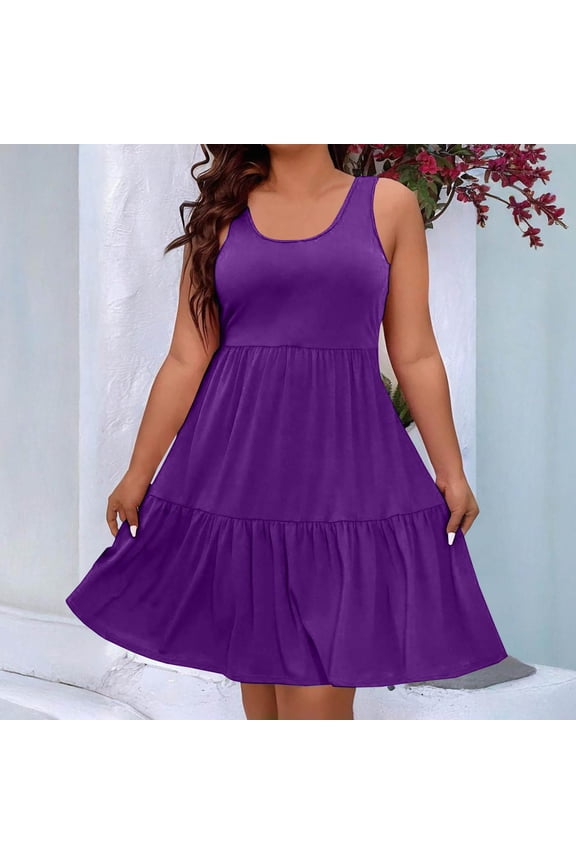 Vmvidoty Plus Size Summer Sleeveless Tank Dress for Women 2026 Casual Loose Sundress Solid Color Beach Tiered Dresses (Size XL-5XL) Purple XXL