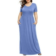 SAWVNM Vmvidoty Vestidos Elegantes De Mujer Para Fiesta,Plus Size Solid Color Dresses,Wedding Guest Dress,Short Sleeve Round Neck Pleated Pocket And Ankle Dress (Size XL-5XL) Blue XL