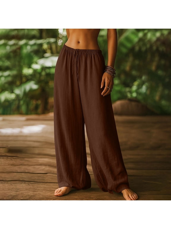 Wide Leg Pants for Women Flowy Palazzo Drawstring Elastic Waist Trousers with Pockets Summer Beach Vacation Clothes Brown 2XL