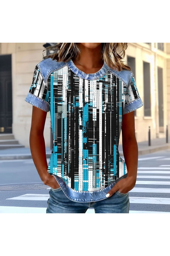 Women 2026 Abstract Print Blouses Casual Short Sleeve Crewneck Chic Boho Tops Loose Fit Flowy Tunic Navy 2XL