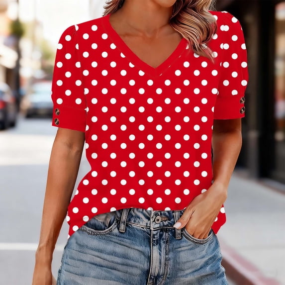 Vmvidoty Women Blouses Dressy Casual Summer Short Sleeve Shirts V Neck Polka Dot Tunic Tops Red S