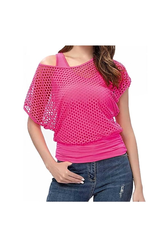 Women Casual 80s Costumes Fishnet Neon Off Shoulder T-Shirt for Birthday Party Hot Pink S