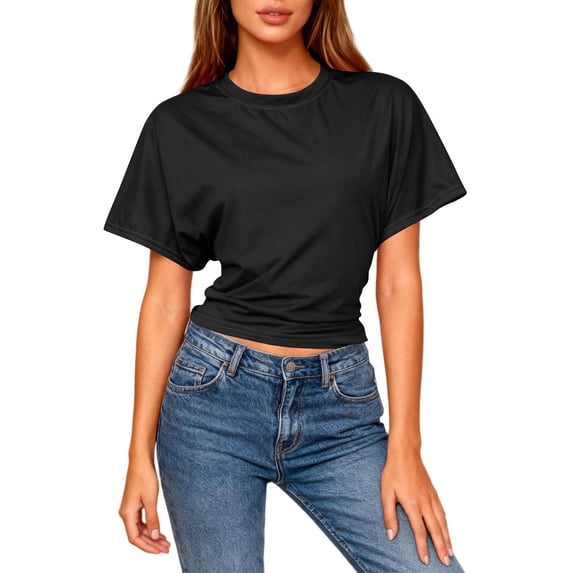 Vmvidoty Women Cute Cropped T-Shirts Short Sleeve Boxy Crewneck Summer Tee Shirts Basic Solid Workout Gym Tops Black L