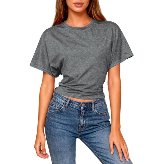 Vmvidoty Women Cute Cropped T-Shirts Short Sleeve Boxy Crewneck Summer Tee Shirts Basic Solid Workout Gym Tops Dark Gray L