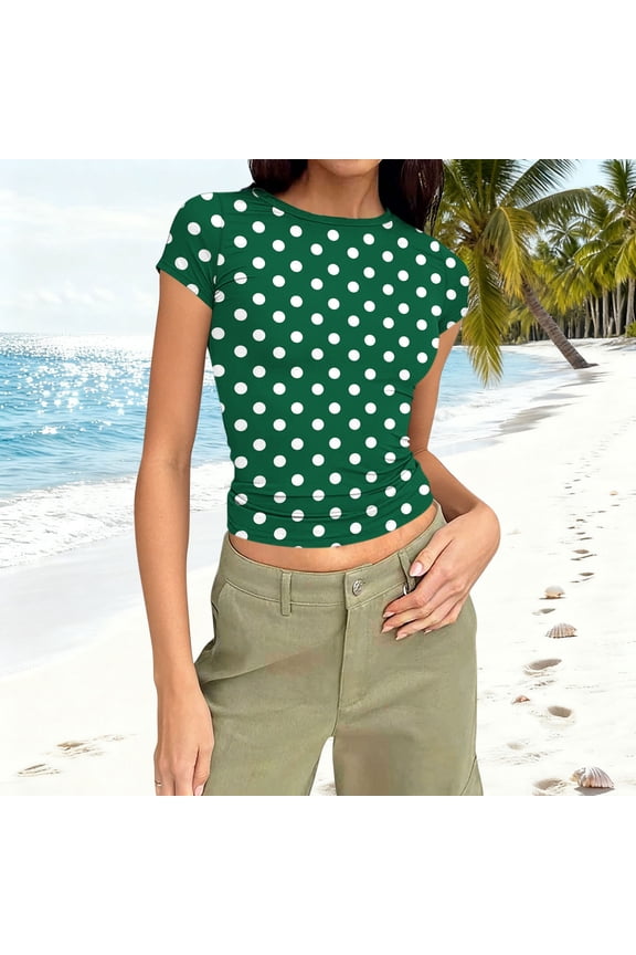 Women Cute Polka Dot Jersey Short Sleeve Crop Tshirt Aesthetic Teen Round Neck Slim Baby Tee Shirt Going Out Tops Army Green M