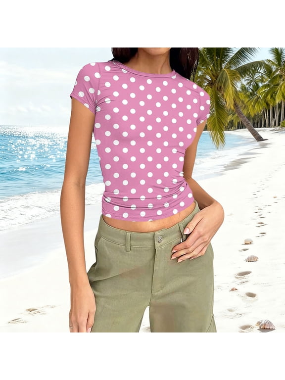 Women Cute Polka Dot Jersey Short Sleeve Crop Tshirt Aesthetic Teen Round Neck Slim Baby Tee Shirt Going Out Tops Pink M