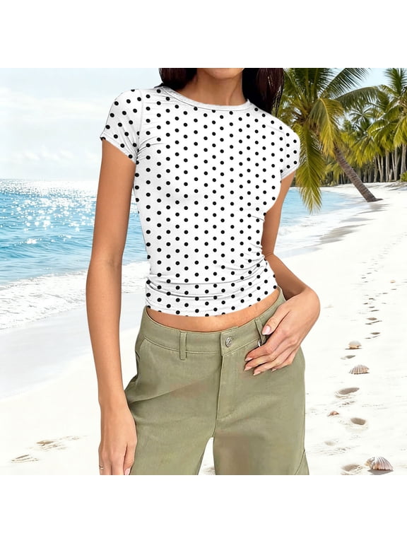 Women Cute Polka Dot Jersey Short Sleeve Crop Tshirt Aesthetic Teen Round Neck Slim Baby Tee Shirt Going Out Tops White S