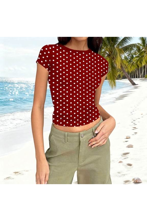 Women Cute Polka Dot Jersey Short Sleeve Crop Tshirt Aesthetic Teen Round Neck Slim Baby Tee Shirt Going Out Tops Wine L