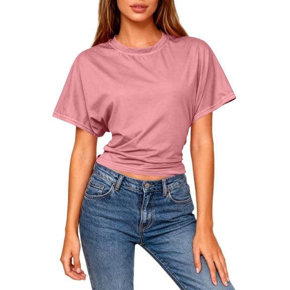 Vmvidoty Women Cute Slim Fit Cropped T-Shirts Short Sleeve Boxy Crewneck Summer Tee Shirts Basic Solid Workout Gym Tops Pink S