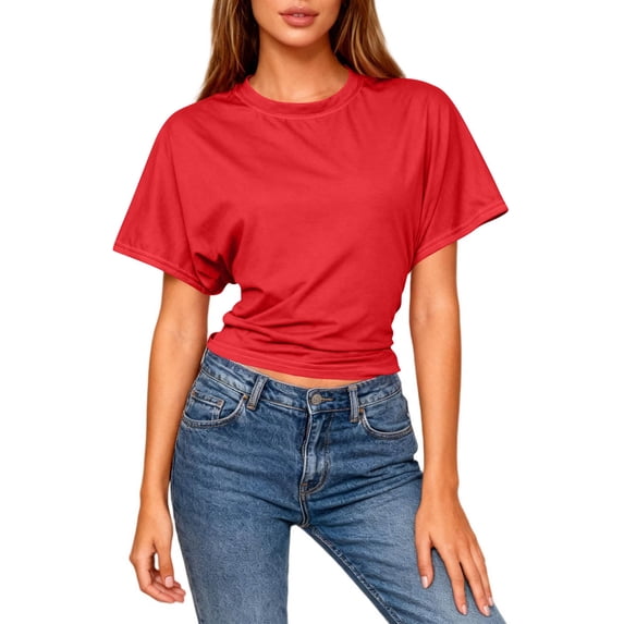 Vmvidoty Women Cute Slim Fit Cropped T-Shirts Short Sleeve Boxy Crewneck Summer Tee Shirts Basic Solid Workout Gym Tops Red L
