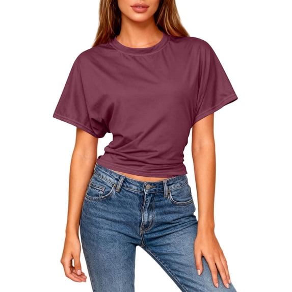 Vmvidoty Women Cute Slim Fit Cropped T-Shirts Short Sleeve Boxy Crewneck Summer Tee Shirts Basic Solid Workout Gym Tops Wine L