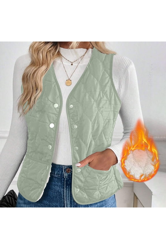 Women Fleece Vest Quilted Jacket Green L