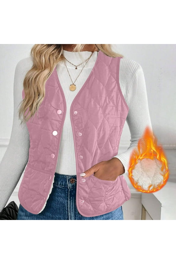Women Fleece Vest Quilted Jacket Pink L