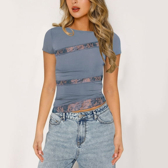 Vmvidoty Women Lace Short Sleeve Shirt Top Slim Fit Crop Top Lace Low Cut Top Tee Club Streetwear Blue L
