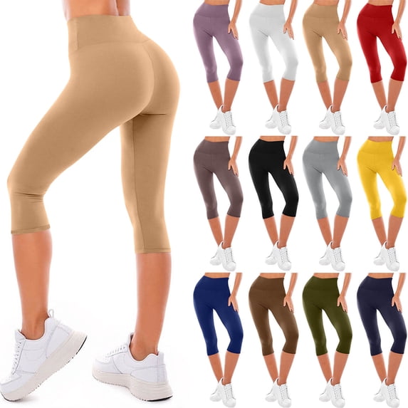 Vmvidoty Women Legging 3/4 Yoga Pants High Waisted Soft for Workout Gym Casual Sport Jegging Khaki L