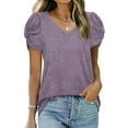 thumbnail image 1 of Vmvidoty Women Pleated Puff Short Sleeve Top Casual Summer Tops 2026 V Neck Short Puff Sleeve Pleated Cotton T Shirts Loose Dressy Blouses Purple S, 1 of 9