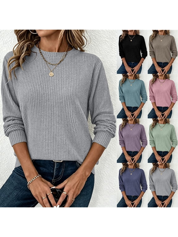 Women Ribbed Knit Sweatshirt Fall Lightweight Long Sleeve Solid Casual Top Gray L