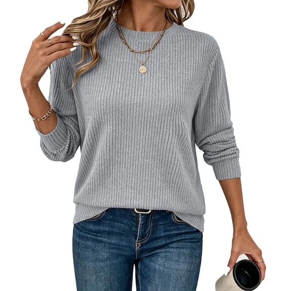 Vmvidoty Women Ribbed Knit Sweatshirt Fall Lightweight Long Sleeve Solid Casual Top Gray L