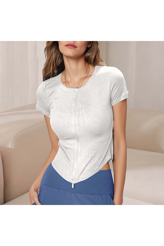 Women Short Sleeve Zipper Down Pointelle Crop Tshirt Lettuce Scoop Neck Tee Slim Fit Summer Tops White M